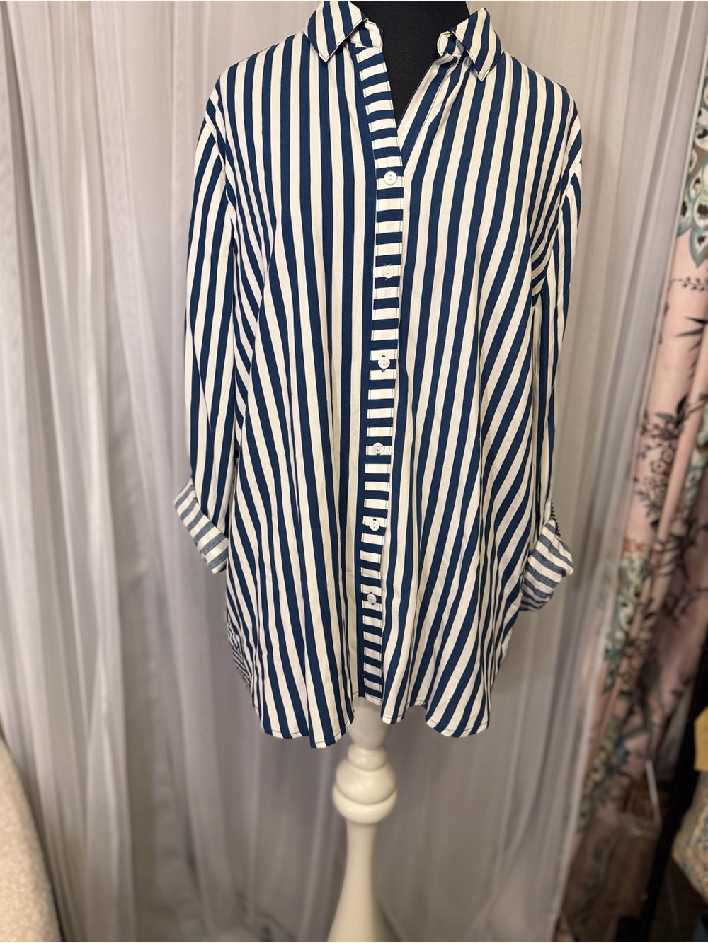 Jane + Delancey Blue White Mixed Stripe Button Down Tunic Shirt Small Rayon